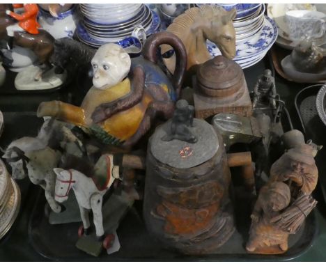 A Collection of Wooden and Resin Ornaments to Include Two Handled Wooden Carved Tankard, Ceramic Novelty Monkey Teapot (Spout