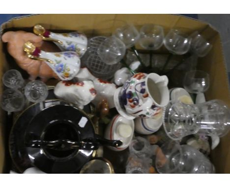 A Box of Ceramic and Glass to Include Aynsley, Wade Spirit Decanters, Staffordshire Dog Ornaments, Continental Jugs etc 