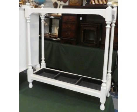 A White Painted Three Division Stick Stand with Metal Drip Tray, 67.5cm Wide 