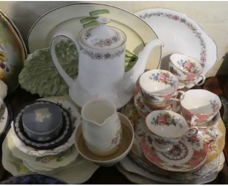 A Tray of Ceramics to Include Royal Albert Coffee Cans and Saucers, Cake Plates, Wedgwood Teapot, Jasperware Items etc 
