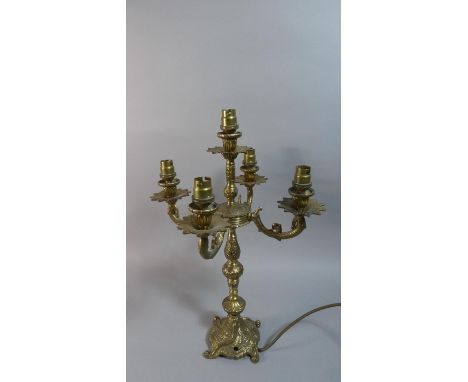 A Gilt Brass Five Branch Table Lamp, 49cm High 