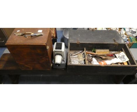 A Cased Slide Projector and a Wooden Box Containing Vintage Tools 