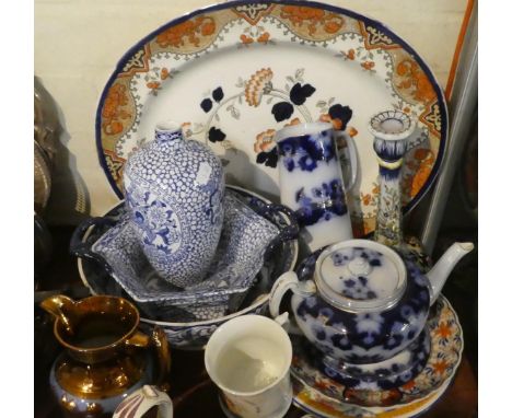 A Collection of Ceramics to Include Flow Blue Teapot, Stand and Cream Jug, Faience Candle Stick, Blue and White Bowl, Adams P