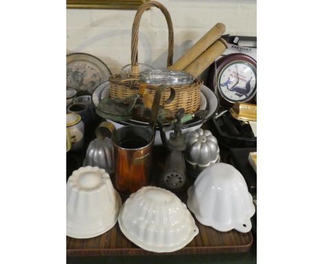 A Collection of Kitchenalia to Include Copper an Brass Spirit Warmers, Enamelled Bowls, Wicker Basket, Rolling Pins Ceramic a