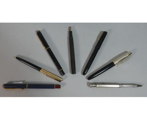 A Collection of Seven Vintage Fountain and Ball Point Pens to Include One Example with 14k Nib 