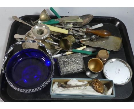 A Tray Containing Various Silver Plate to Include Crumb Tray, Cutlery, Chamber Stick, Trinket Box, Ladle etc 