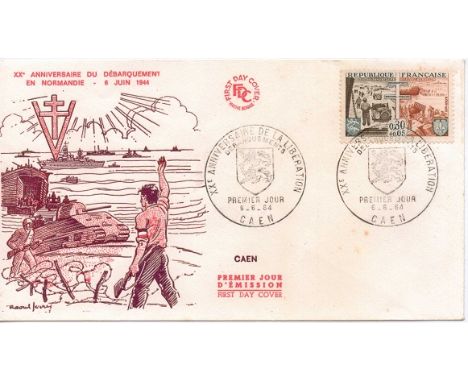 French First Day Cover unsigned for Caen commemorating 20th Anniversary (1964) of the D-Day landings. (Greying scanning only)