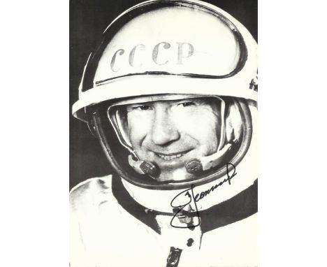 Alexei Leonov signed 12x8 black and white space suit portrait photo. Good condition 