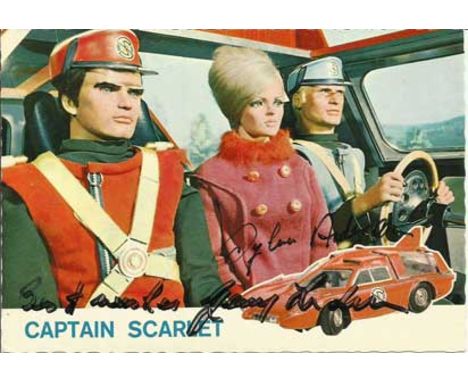Gerry & Sylvia Anderson signed vintage 6 x 4 colour Captain Scarlet postcard. Good condition 