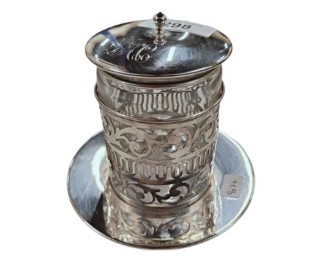 ANTIQUE PIERCED SILVER PRESERVE HOLDER WITH ORIGINAL GLASS LINER