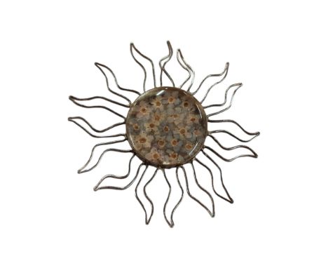VINTAGE SILVER SUN BROOCH INLAID PRESSED DRIED FLOWERS