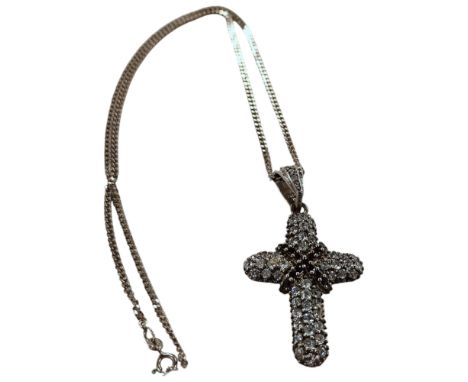 LARGE VINTAGE SILVER, BLACK &amp; WHITE CRYSTAL CROSS &amp; CHAIN