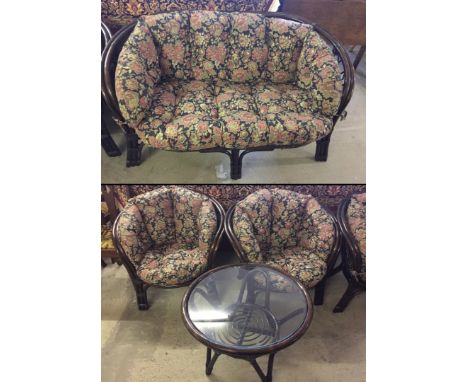 Dark wood frame with navy blue cushion. 