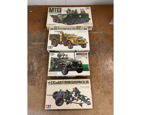 Four boxed Tamiya army military vehicles kits to include M113 US Armoured personnel carrier , MA51A2, Long Range Desert Group