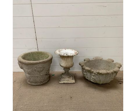 Two re-pressed stone plant pots and a Roman style urn planter 