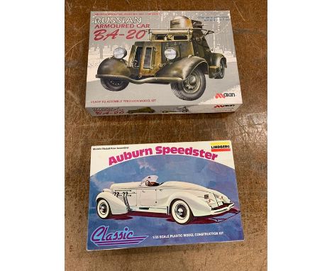 A Lindberg Auburn Speedster model kit 1:25 scale and a Maian Russian Armoured Car BA-20 