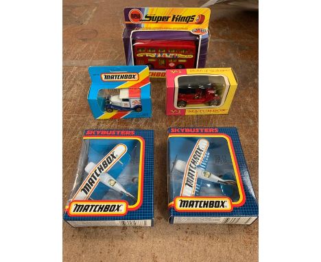 Five boxed Matchbox vehicle to include 1911 model T Ford, Ford model A, Super Kings K-15 and Skybusters 