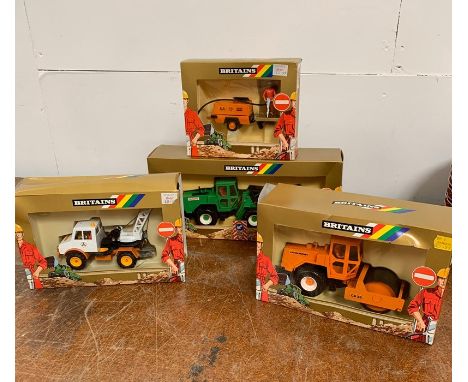 Four boxed Britains construction toys to include Atlas Copco Compressor, Mercedes Breakdown Truck, Dynapac CA25 Road Roller a