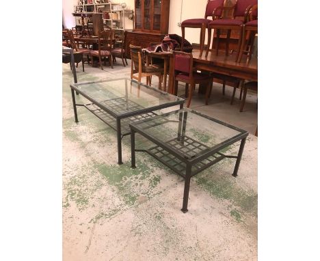 A large metal rectangular coffee table with lower grid shelf and glass top with matching square side tables (W118cm D78cm H48