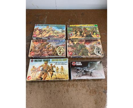 Six boxed Airfix army model kits to include US Infantry Europe 1941-45, British Infantry 1939-45, German Afrika Korps, Britis