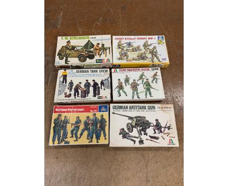 A selection of Six boxed army model kits by Italeri and Italaerei, to include German Paratroops No 311,Soviet Assault Troops 