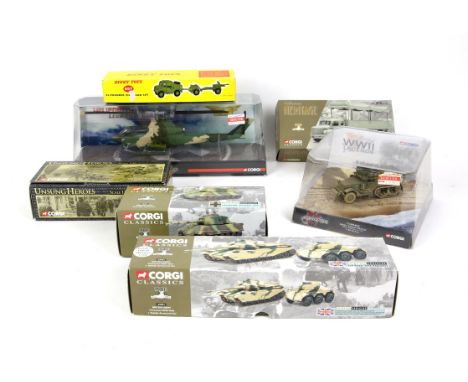 Group of mostly Corgi military model vehicles, to include Dinky Toys 697 25-pounder Field Gun Set, US50204 M35 A1 2.5 ton tru