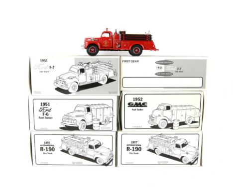 Six First Gear 1:34 scale model vehicles, comprising 1957 International R-190 Fire Truck x2, 1951 Ford F-7 Fire Truck x2, 195