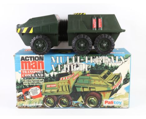 Three Action Man figures and accessories, to include clothes, jeep, Multi-Terrain Vehicle (boxed), Capture Copter, Searchligh