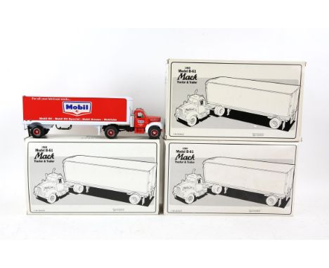 Three First Gear 1:34 scale 1960 Model B-61 Mack tractor and trailer, boxed, (3),