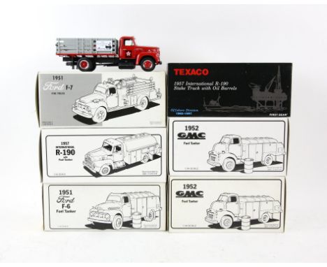 Six First Gear 1:34 scale model vehicles, comprising 1951 Ford F-6 Fuel Tanker, 1952 GMC Fuel Tanker x2, 1951 Ford F-7 Fire T