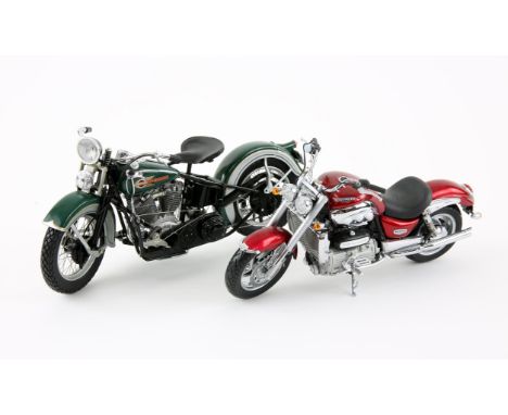 Two Motorbike models - includes green Harley Davidson and red Triumph (2)Condition Report:  Combination of metal and plastic.