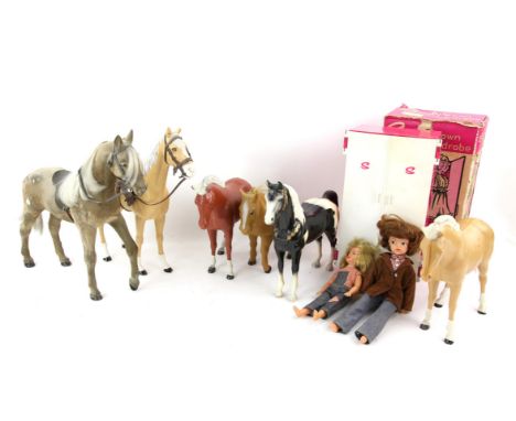 Sindy with auburn hair and Patch with blonde hair, 'Sindy's own wardrobe' (boxed), with clothes and six ponies,