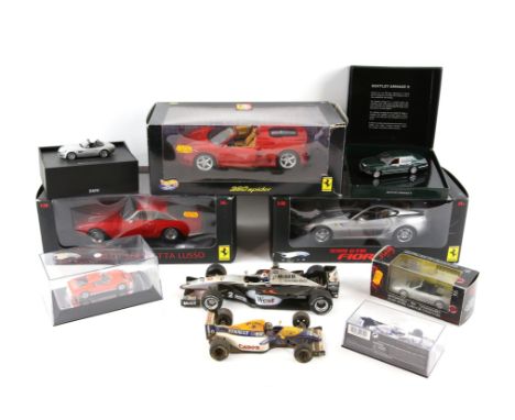 Two Mattel Elite 1:18 scale model Ferraris, 599 GTB Fiorano, 250 GT Berlinetta Lusso and Hotwheels 360 Spider, and seven raci