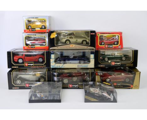 Large set of scale model cars, including: Burago 1/18 Alfa Romeo 8C 2300 Monza, Burago 1/20 Mercedes 500K roadster, Burago 1/