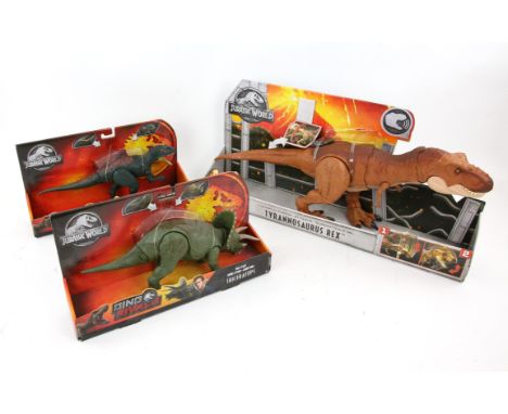 Three Mattel Jurassic World dinosaur toys, comprising thrash 'n throw Tyrannosaurus Rex, Dino-Rivals 'Triceratops' and 'Conca