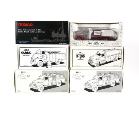 Six First Gear 1:34 scale model vehicles, comprising 1951 Ford F-7 Fire Truck x2, 1952 GMC Fuel Tanker, 1951 Ford F-6 Half Ra