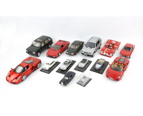 Four 1:18 scale model Ferraris, comprising Mattel Hotwheels 'Enzo Ferrari', '360 Spider', 'Testarossa' and a Ferrari 1972 312