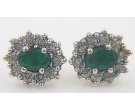 Pair of emerald and diamond set platinum earrings on 9ct gold bases. UK P&amp;P Group 0 (£6+VAT for the first lot and £1+VAT 