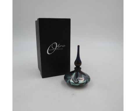 Okra Glass Studios iridescent perfume bottle, H: 12cm, boxed. UK P&amp;P Group 1 (£16+VAT for the first lot and £2+VAT for su