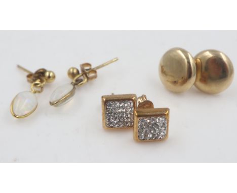 Three pairs of stone set earrings, including opal-set examples, 4.0g. UK P&amp;P Group 0 (£6+VAT for the first lot and £1+VAT