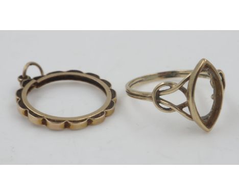 9ct gold ring lacking stone and a pendant coin mount, combined 3.3g. UK P&amp;P Group 1 (£16+VAT for the first lot and £2+VAT