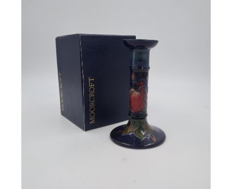 Moorcroft candlestick holder, in the Pomegranate and Finches pattern, boxed, H: 20.5cm. UK P&amp;P Group 2 (£20+VAT for the f