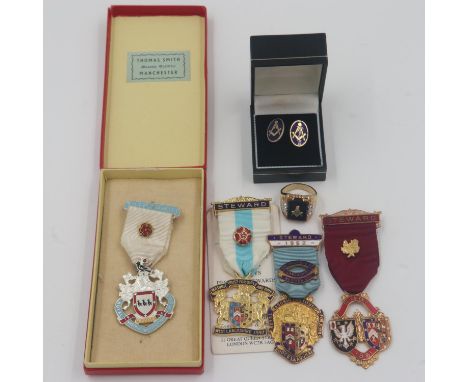Province of West Lancashire Masonic enamelled charity jewels, RMBI Steward jewel and further items including a signet ring (s