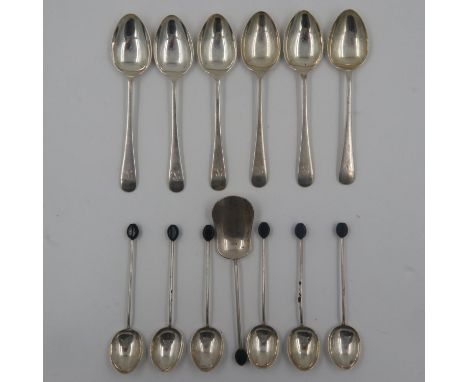 Set of six hallmarked silver coffee bean spoons with matching caddy spoon, and a set of six hallmarked silver tea spoons, com