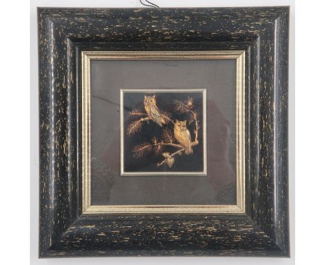 Toledo Damascene 24ct gold layered artwork, owls in foliage, overall 21 x 21cm. UK P&amp;P Group 2 (£20+VAT for the first lot