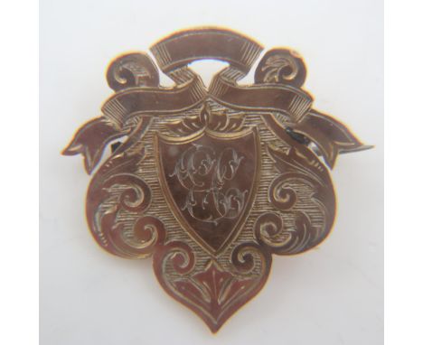 9ct gold fob, later converted to a brooch with soldered steel pin, 7.7g. UK P&amp;P Group 0 (£6+VAT for the first lot and £1+