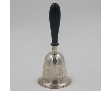 Hallmarked silver bell with ebony handle, Birmingham assay 1920, overall weight 71g. UK P&amp;P Group 1 (£16+VAT for the firs
