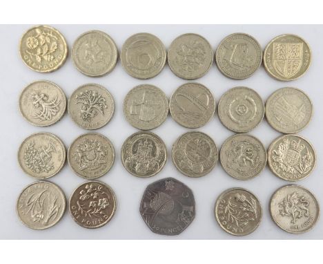 Twenty-two old-style £1 coins including collectors edition examples, with an Olympic collectors edition 50p coin. UK P&amp;P 