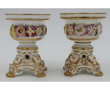 Two 19th Century Derby pot-pourri vessels, lacking covers, with floral encrusted decoration, h: 9 cm. UK P&amp;P Group 2 (£20