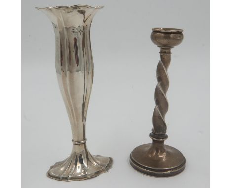 Hallmarked silver vase with a barley twist candlestick, weighted bases, each with faults. UK P&amp;P Group 2 (£20+VAT for the